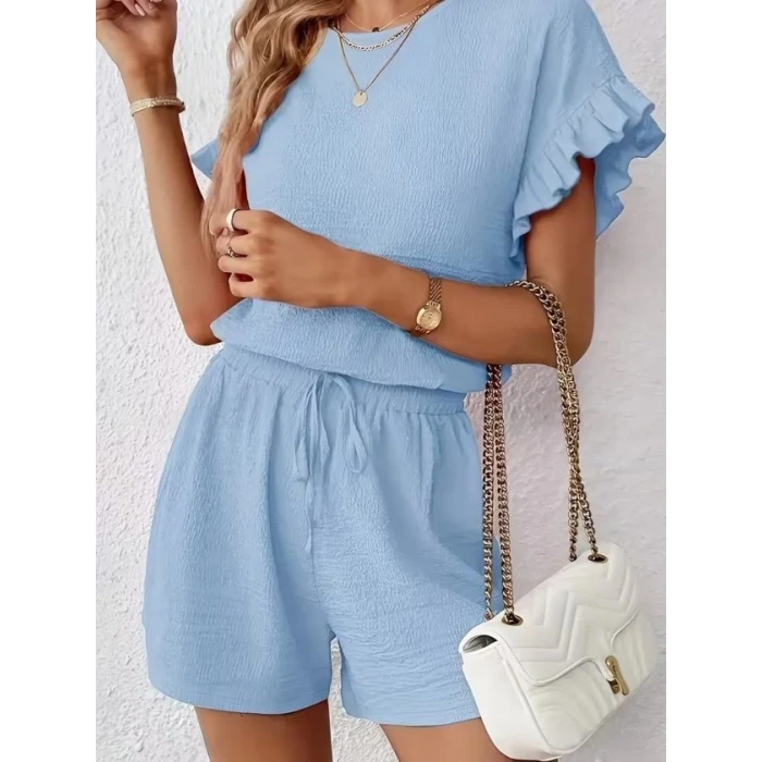 Kadın Kısa Kollu Bisiklet Yaka Bürümcük Bluz Ve Kısa Short Ikili Takım