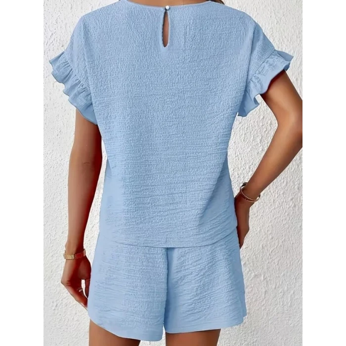 Kadın Kısa Kollu Bisiklet Yaka Bürümcük Bluz Ve Kısa Short Ikili Takım