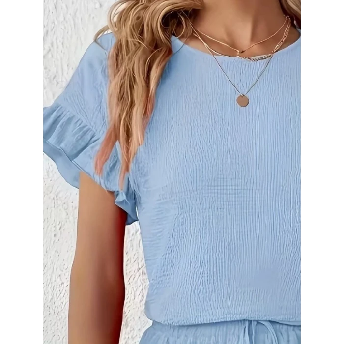 Kadın Kısa Kollu Bisiklet Yaka Bürümcük Bluz Ve Kısa Short Ikili Takım