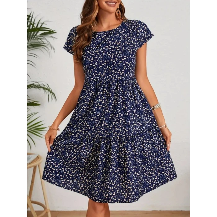 Kadın Kısa Kollu Bisiklet Yaka Çiçek Desenli Süprem Elbise
