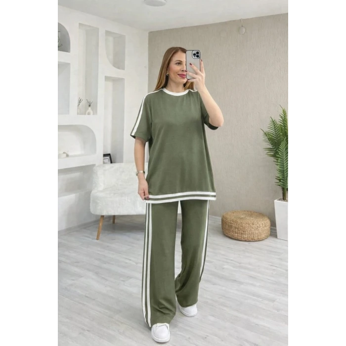 Kadın Kısa Kollu Bisiklet Yaka Çift Renk Şerit Detaylı Viskon Iki Iplik Bluz Ve Pantolon İkili Takım