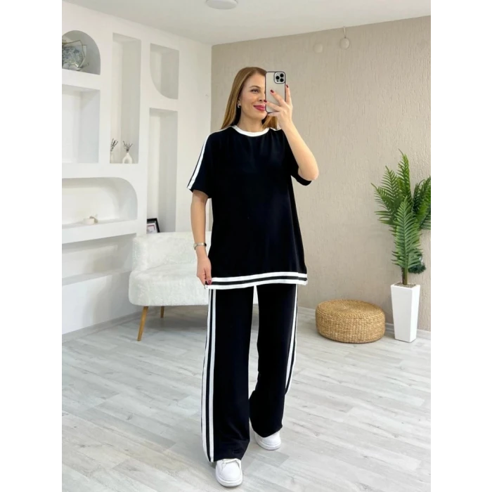 Kadın Kısa Kollu Bisiklet Yaka Çift Renk Şerit Detaylı Viskon Iki Iplik Bluz Ve Pantolon İkili Takım