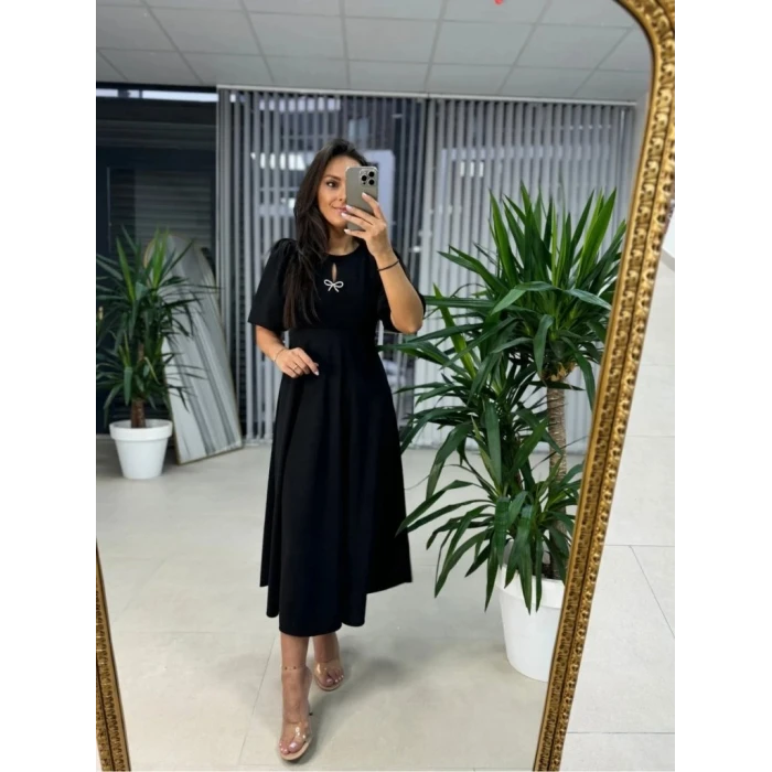 Kadın Kısa Kollu Bisiklet Yaka Fiyonk Broşlu Midi Janjan Krep Elbise
