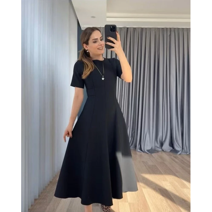 Kadın Kısa Kollu Bisiklet Yaka Maksi Boy İthal Krep Elbise