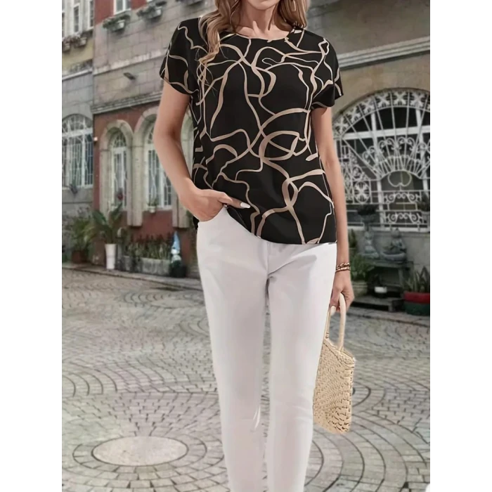 Kadın Kısa Kollu Bisiklet Yaka Süprem Desenli Bluz
