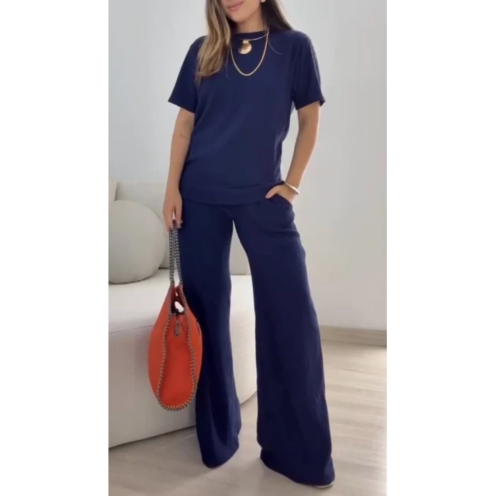 Kadın Kısa Kollu Bisiklet Yaka Viskon Iki Iplik Bluz Ve Pantolon İkili Takım