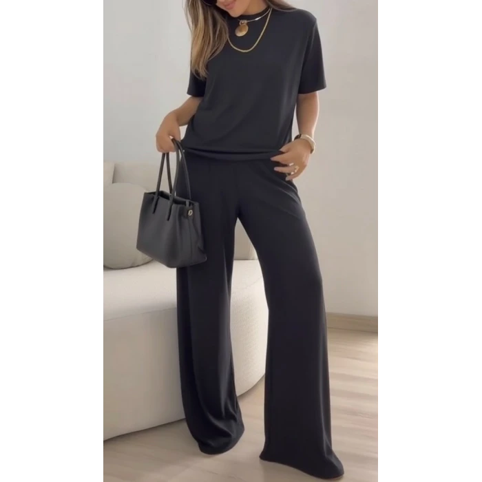 Kadın Kısa Kollu Bisiklet Yaka Viskon Iki Iplik Bluz Ve Pantolon İkili Takım