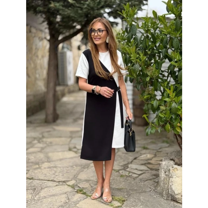 Kadın Kısa Kollu Bisiklet Yaka Yandan Bağcıklı Modal Çift Renkli Modal Elbise