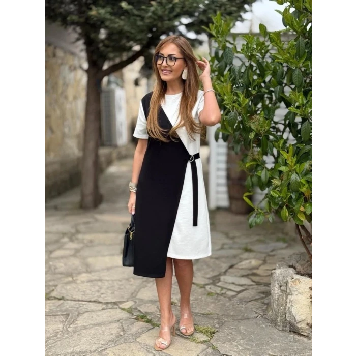 Kadın Kısa Kollu Bisiklet Yaka Yandan Bağcıklı Modal Çift Renkli Modal Elbise