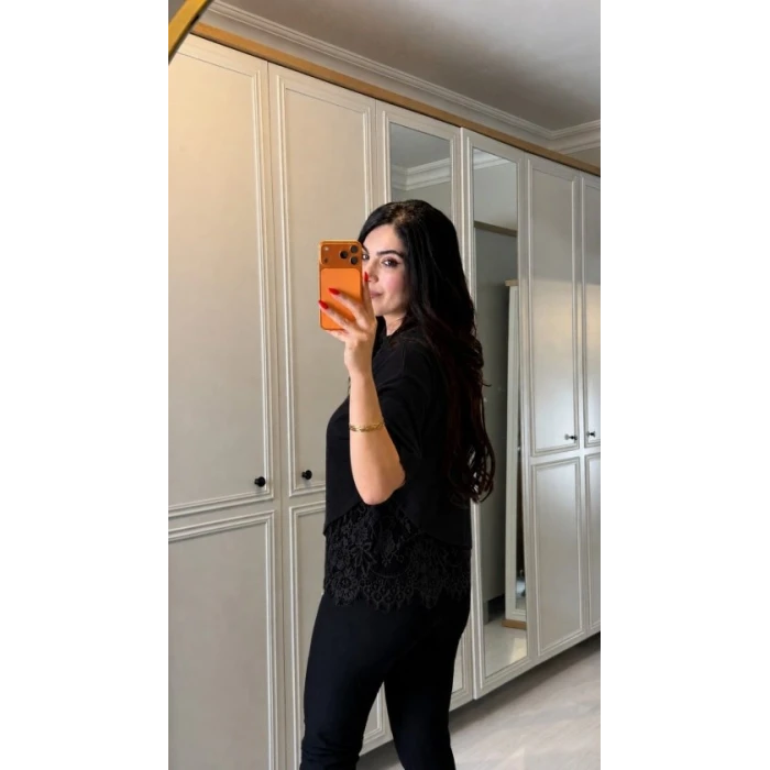 Kadın Kısa Kollu Bisiklet Yakalı Dantel Detaylı Viskon Iki Iplik Bluz
