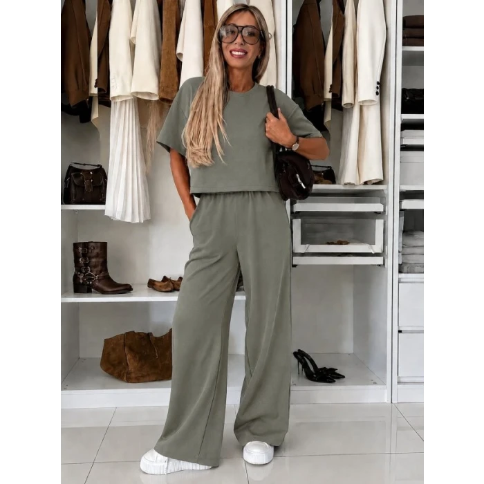 Kadın Kısa Kollu Bisiklet Yakalı Modal Bluz Ve Pantolon Ikili Takım