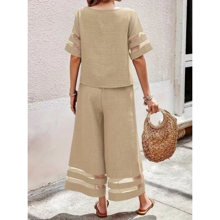 Kadın Kısa Kollu Bisiklet Yakalı Tül Şerit Detaylı Bluz Ve Pantolon İkili Takım