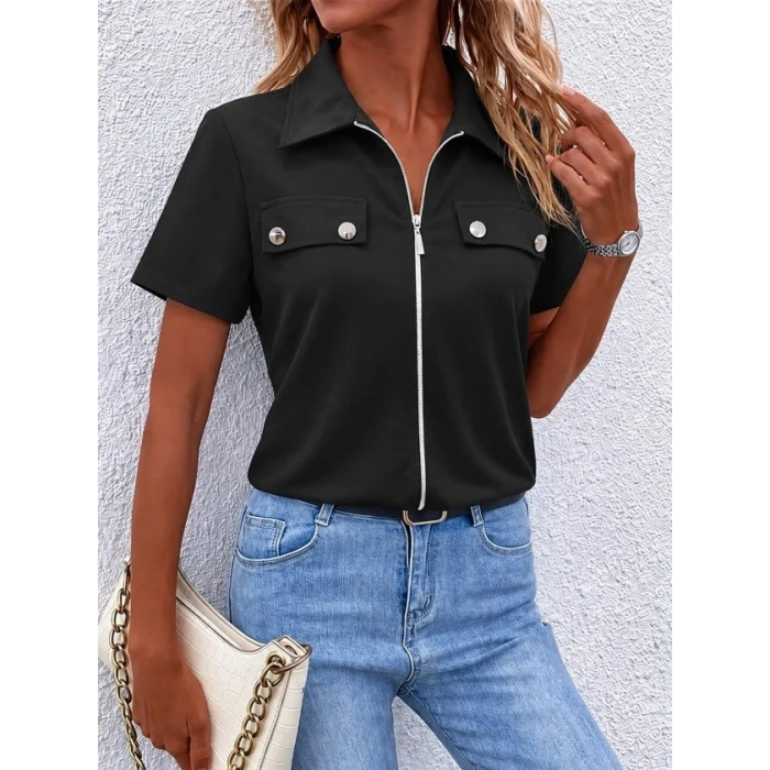 Kadın Kısa Kollu Ceket Yaka Önü Fermuarlı Cep Detay Kısa Kol İthal Krep Bluz