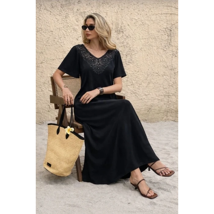 Kadın Kısa Kollu Dantel Güpür Detay V Yaka Maxi Boy Elbise