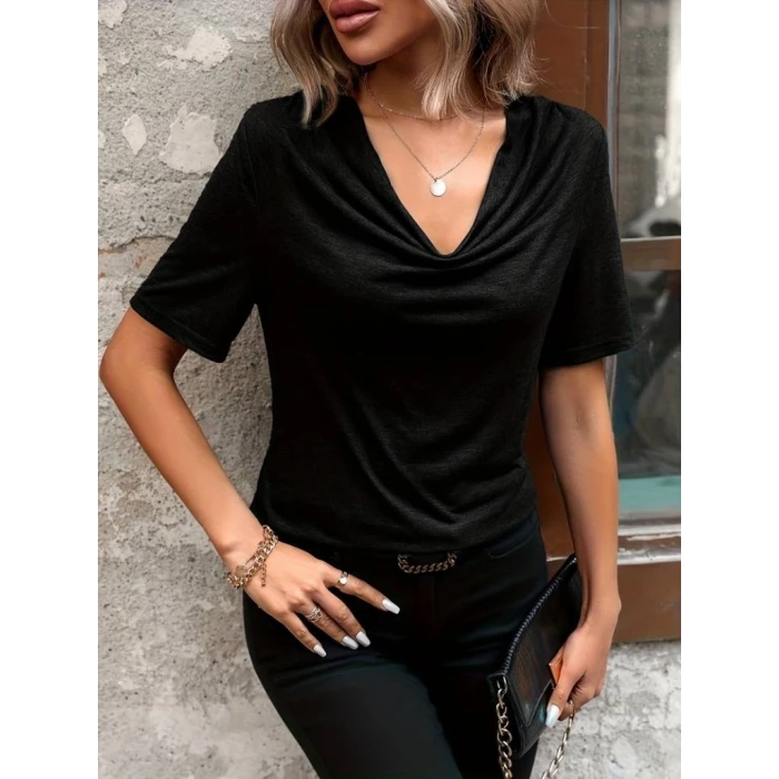 Kadın Kısa Kollu Degaje Yaka Viskon Bluz