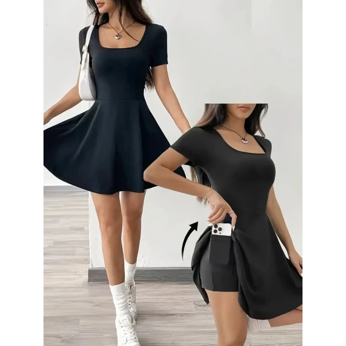 Kadın Kısa Kollu Kare Yaka Short Detaylı Cepli Dalgıç Elbise