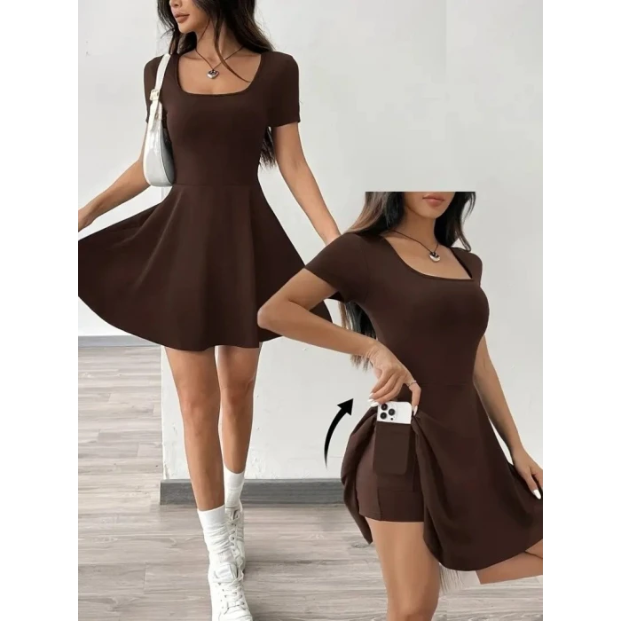 Kadın Kısa Kollu Kare Yaka Short Detaylı Cepli Dalgıç Elbise