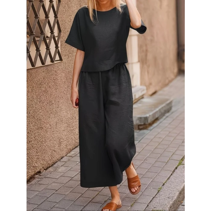 Kadın Kısa Kollu Kayık Yakalı Bluz Ve Pantolon İkili Takım