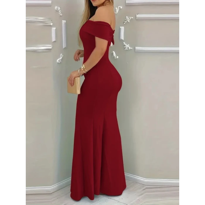 Kadın Kısa Kollu Madonna Yaka Belden Oturtmalı Uzun İthal Krep Elbise