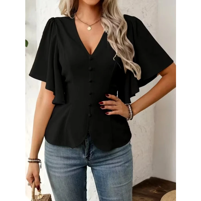 Kadın Kısa Kollu Önden Düğmeli İthal Krep Bluz