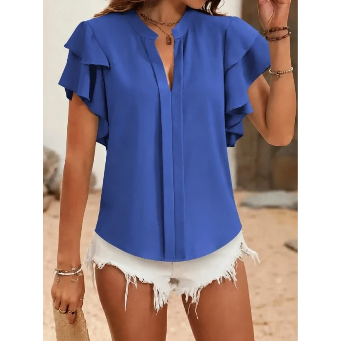 Kadın Kısa Kollu V Hakim Yaka Kolları Fırfırlı Dubai Bluz
