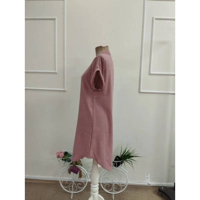 Kadın Kısa Kollu V Hakim Yakalı Kısa Keten Elbise