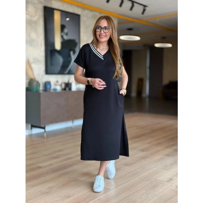 Kadın Kısa Kollu V Ribana Yakalı Yırtmaçlı Midi Viskon Iki Iplik Elbise