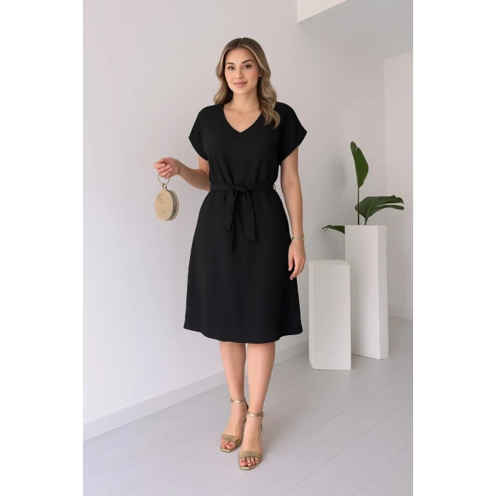 Kadın Kısa Kollu V Yakalı Beli Kuşaklı İthal Keten Elbise