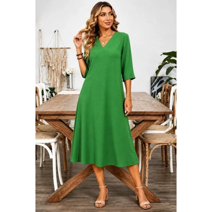 Kadın Kısa Kollu V Yakalı Bürümcük Midi Elbise
