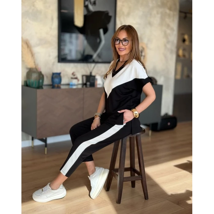 Kadın Kısa Kollu V Yakalı Çift Renkli Viskon Iki Iplik İkili Bluz Ve Pantolon Takım
