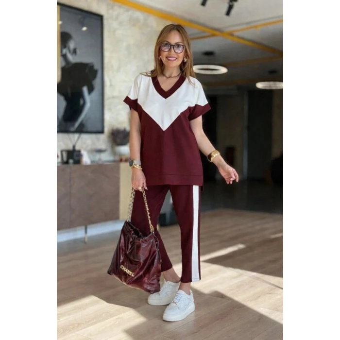 Kadın Kısa Kollu V Yakalı Çift Renkli Viskon Iki Iplik İkili Bluz Ve Pantolon Takım