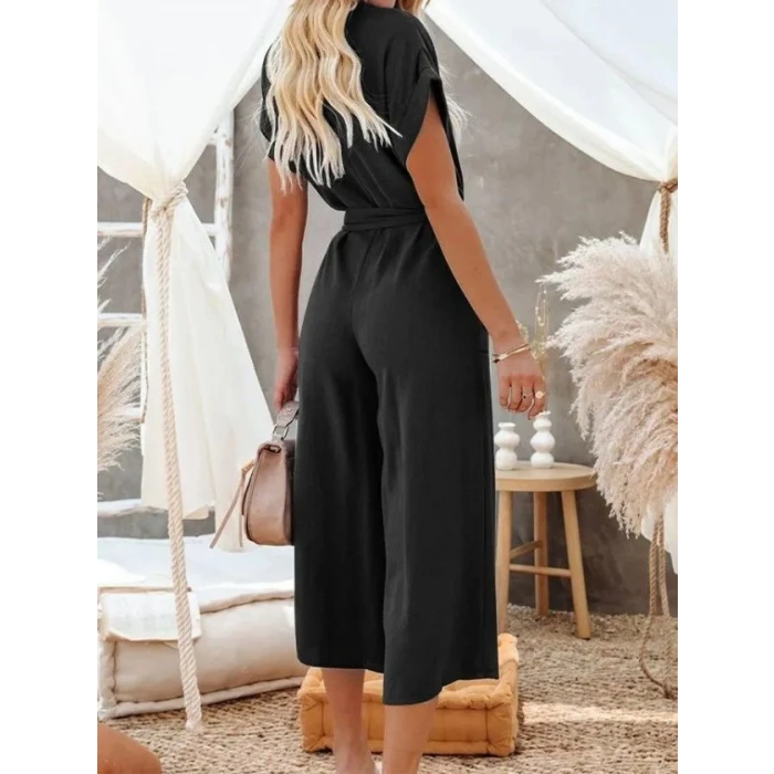 Kadın Kısa Kollu V Yakalı Düğmeli Kuşaklı Cep Detaylı Uzun Tulum