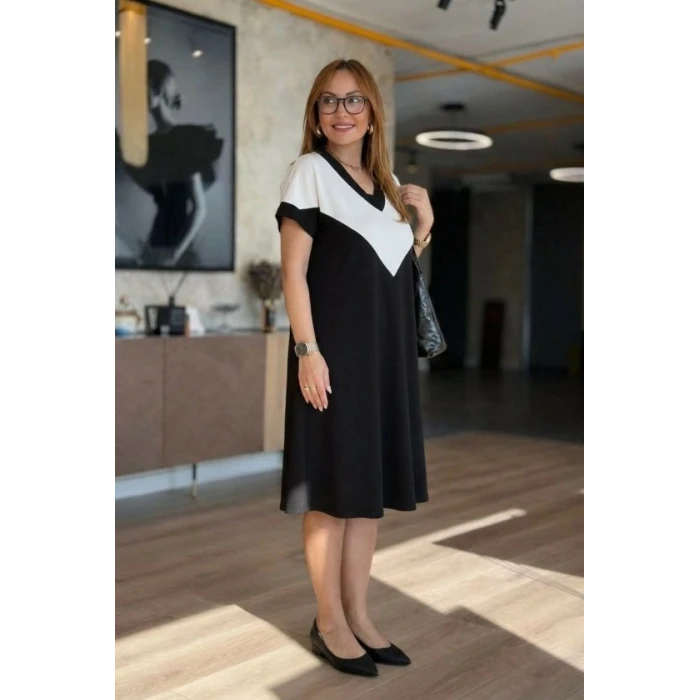 Kadın Kısa Kollu V Yakalı Kısa Modal Elbise