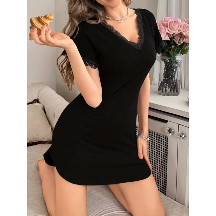Kadın Kısa Kollu V Yakalı Kısa Viskon Gecelik