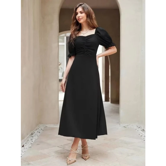 Kadın Kısa Kollu V Yakalı Önden Büzgüü Uzun İthal Krep Elbise