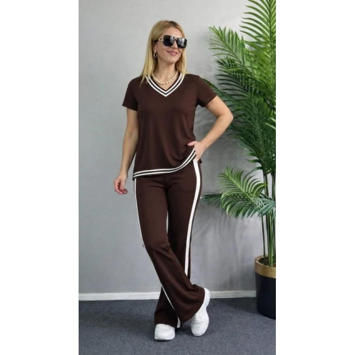 Kadın Kısa Kollu V Yakalı Viskon Iki Iplik Bluz Ve Pantolon İkili Takım