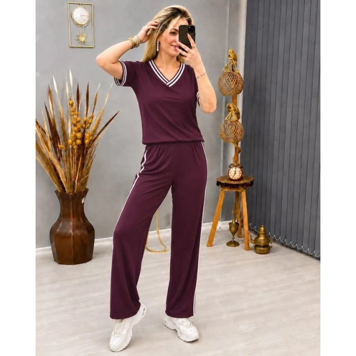 Kadın Kısa Kollu V Yakalı Viskon Iki Iplik Bluz Ve Pantolon İkili Takım