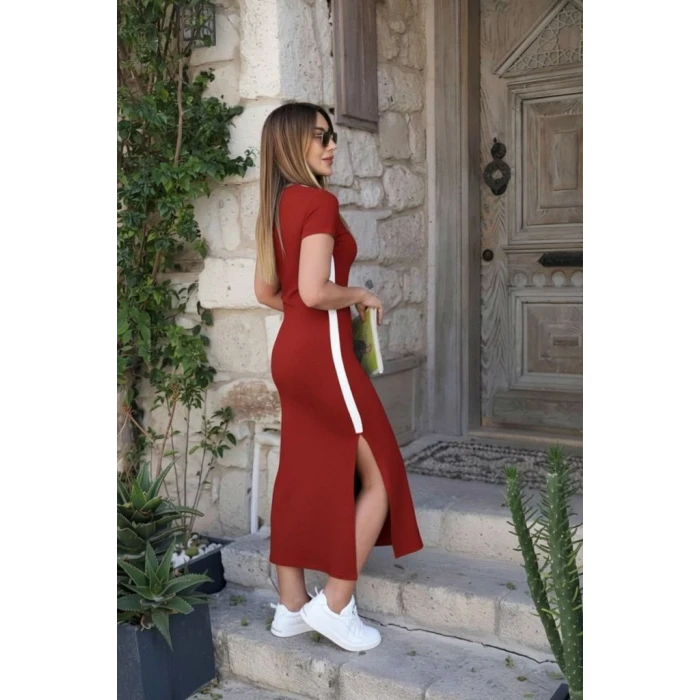 Kadın Kısa Kollu V Yakalı Yandan Şerit Ve Yırtmaçlı Viskon Uzun Elbise