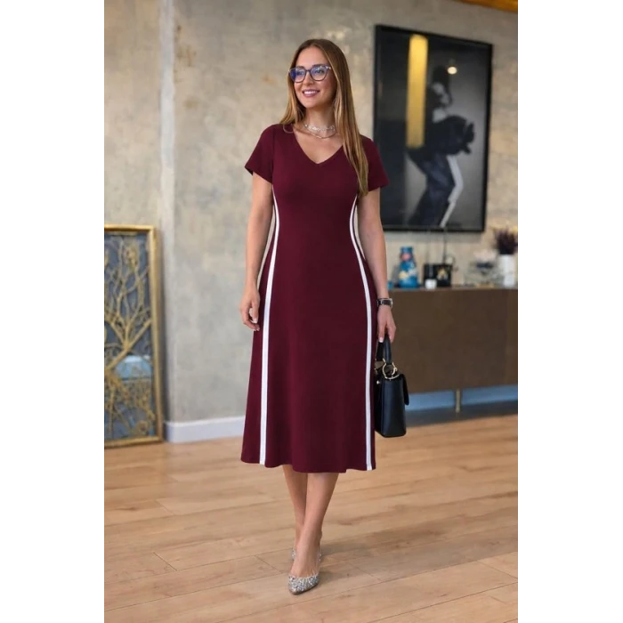 Kadın Kısa Kollu V Yakalı Yanları Şerit Detaylı Viskon Iki Iplik Midi Elbise