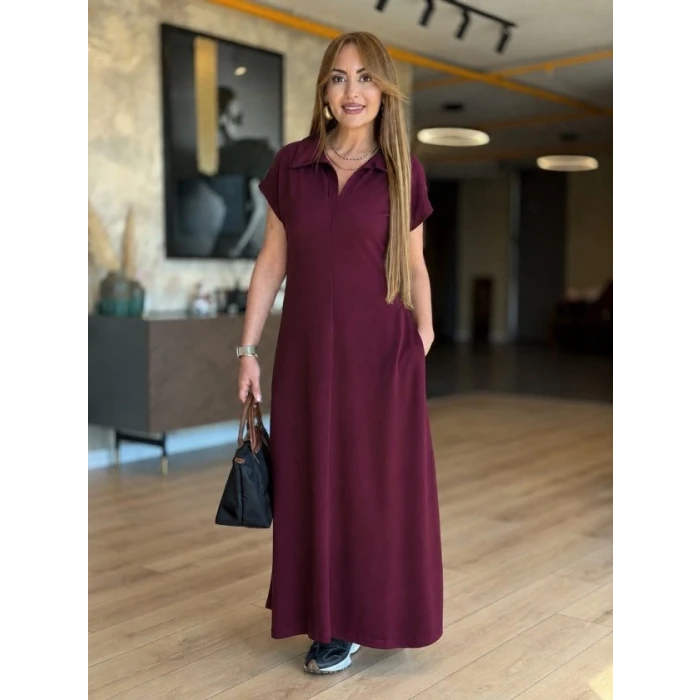 Kadın Kısa Kollu Yakalı Cepli Uzun Viskon Iki Iplik Elbise