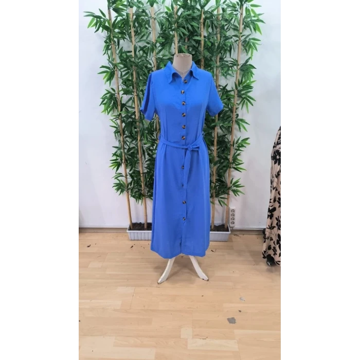 Kadın Kısa Kollu Yakalı Önden Düğmeli Beli Kuşaklı İthal Keten Elbise