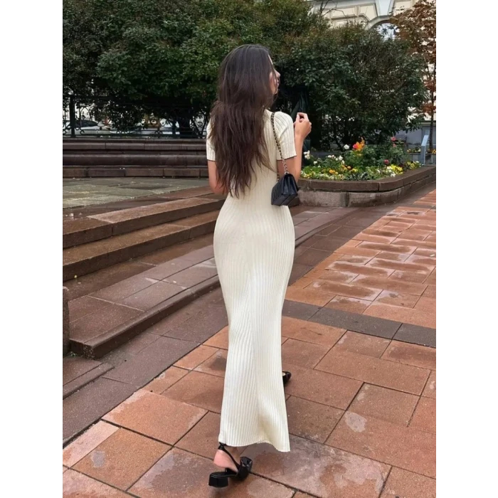 Kadın Kısa Kollu Yakalı Önden Düğmeli Maxi Triko Elbise