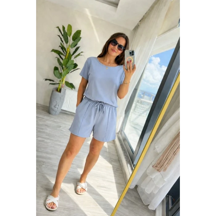 Kadın Kısa Kollu Yakası Açık Modal Bluz Ve Bağcıklı Kısa Şort Ikili Takım