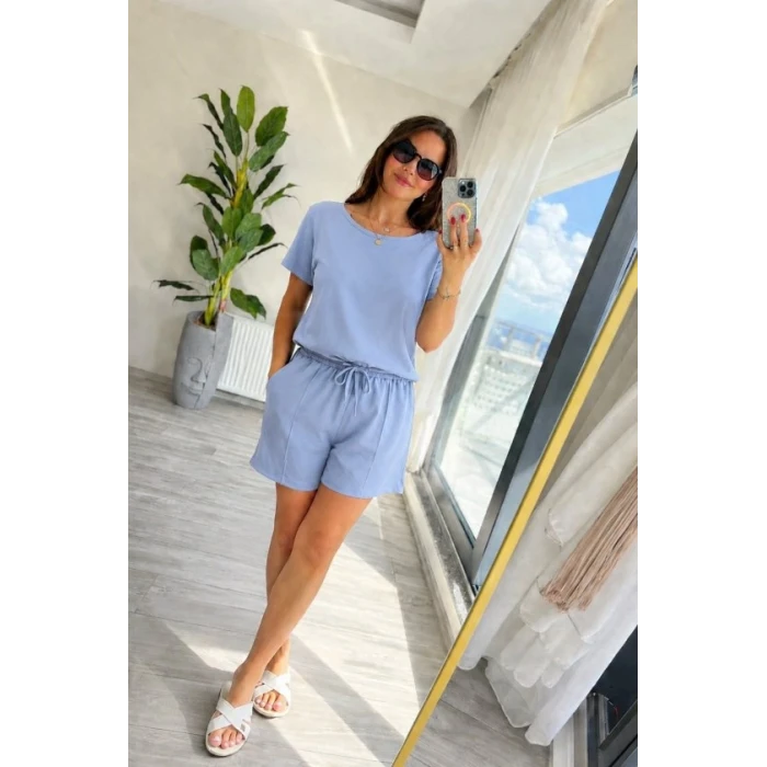 Kadın Kısa Kollu Yakası Açık Modal Bluz Ve Bağcıklı Kısa Şort Ikili Takım