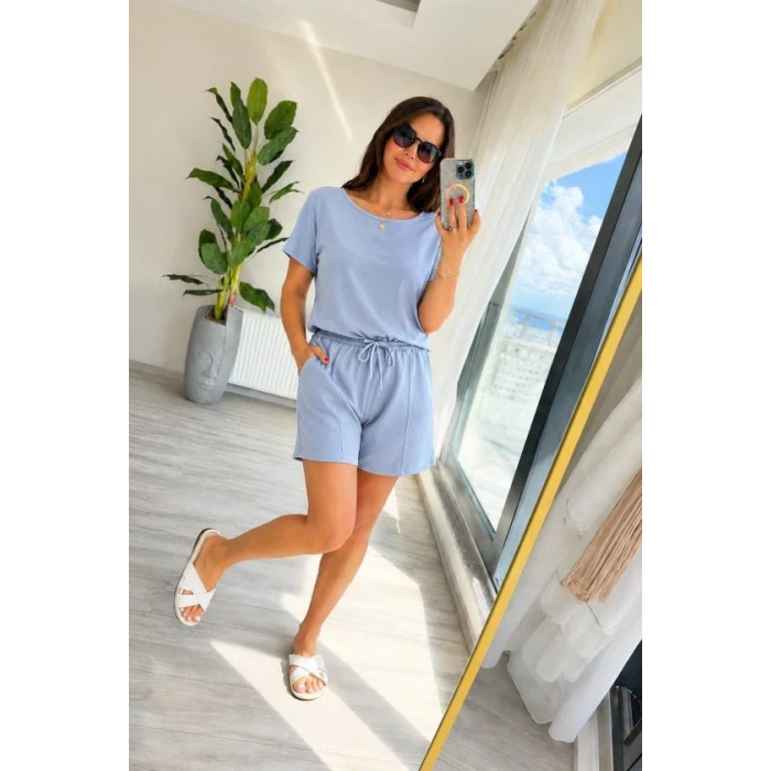 Kadın Kısa Kollu Yakası Açık Modal Bluz Ve Bağcıklı Kısa Şort Ikili Takım