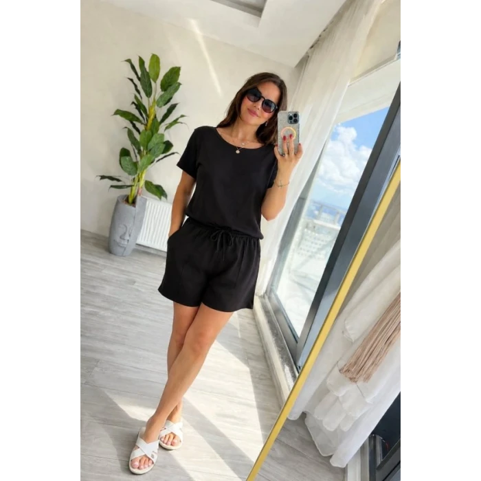 Kadın Kısa Kollu Yakası Açık Modal Bluz Ve Bağcıklı Kısa Şort İkili Takım