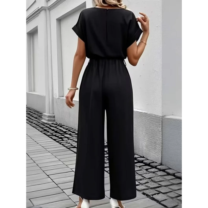 Kadın Kısa Kollu Yuvarlak Yakalı Beli Lastikli Cepli Aerobin Tulum
