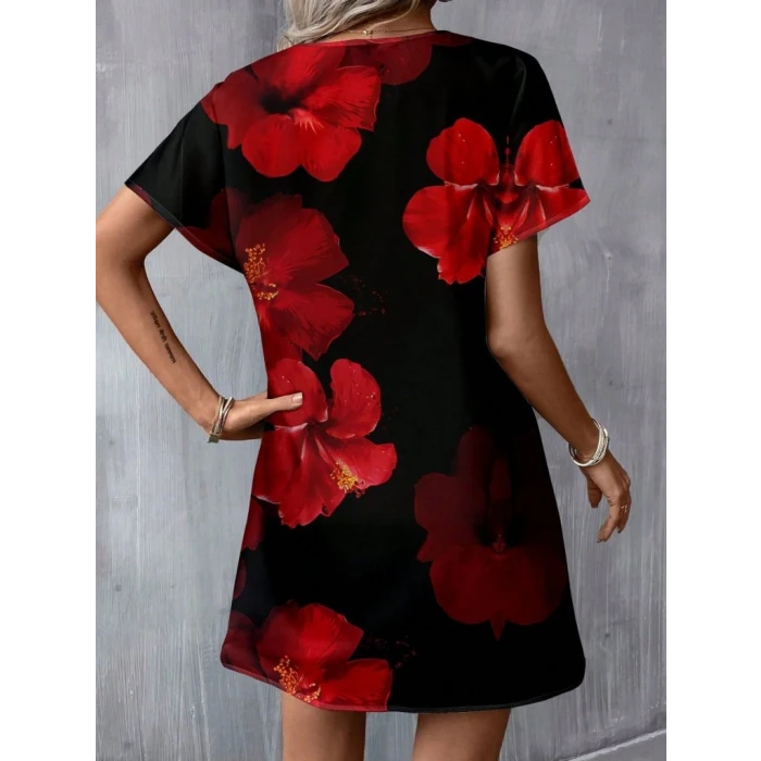 Kadın Kısa Yarasa Kollu V Yakalı çiçek Desenli Süprem Kısa Elbise
