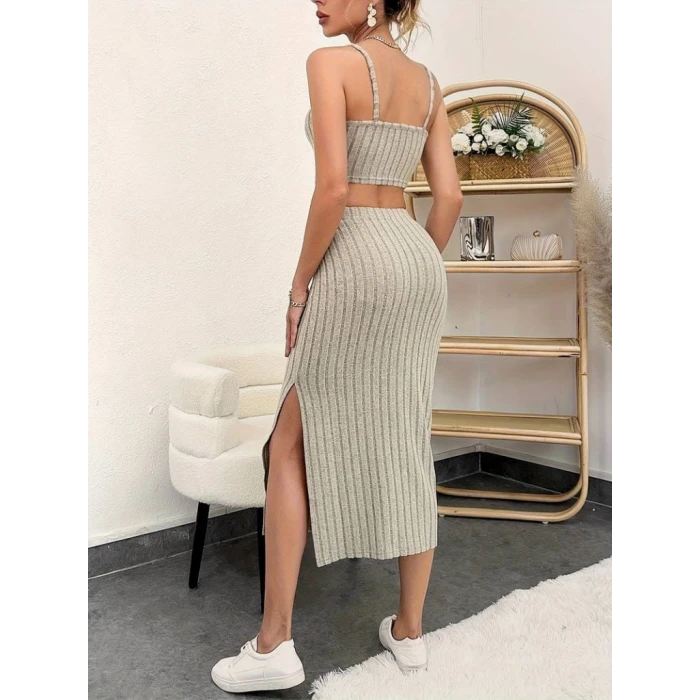 Kadın Kolsuz Askılı Crop Yırtmaçlı Midi Etek Fitilli Kaşkorse Takım