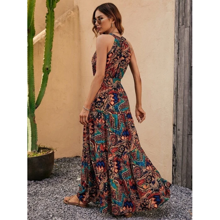 Kadın Kolsuz Halter Yaka Beli Lastikliotantik Desenli Mikro Kumaş Elbise